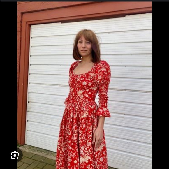 DÔEN Meribel Shirred Floral-Print Cotton-Poplin Midi Dress size Small - Picture 5 of 6